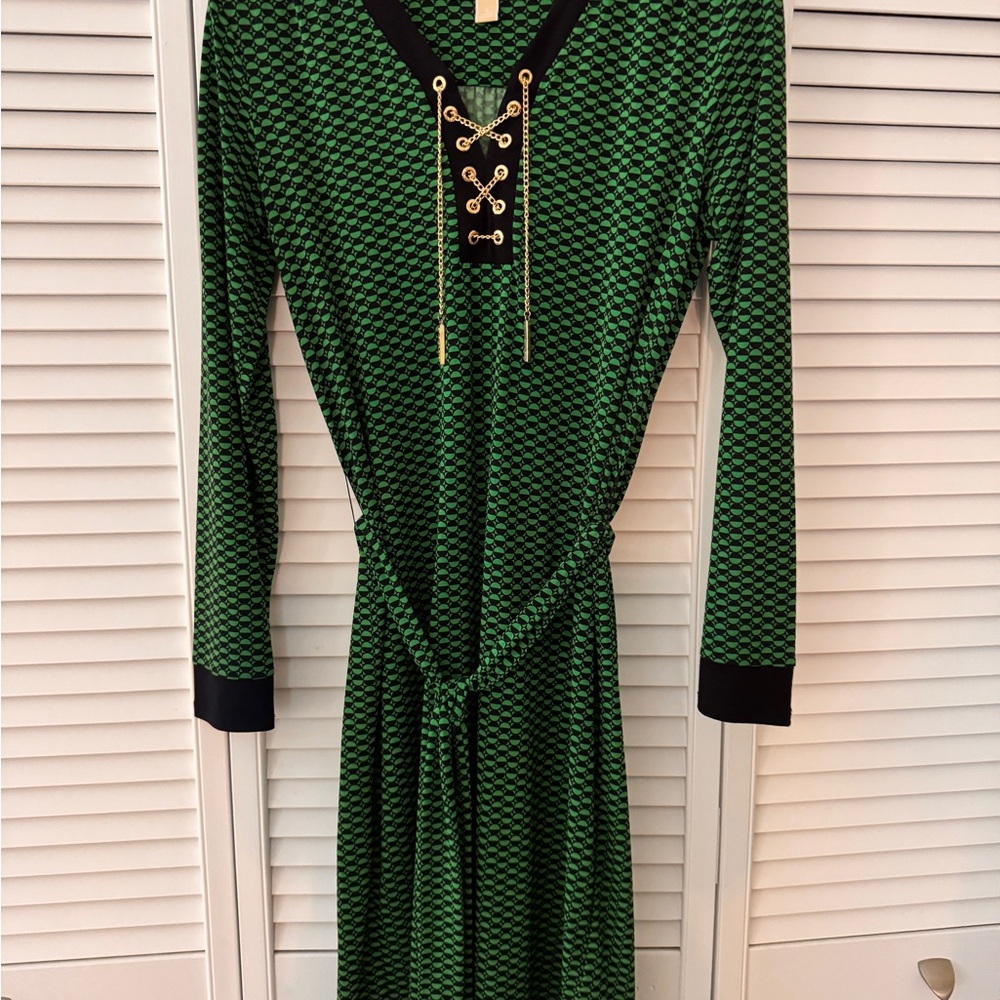 Michael Kors Green and Navy Blue Long Sleeve Dress